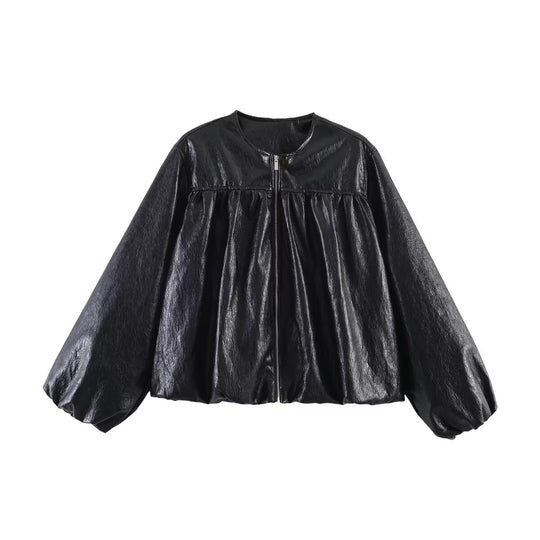 Damen Gekürzte Blousonjacke mit Ballonärmeln, geraffter Passe und Reißverschluss Shop Nory