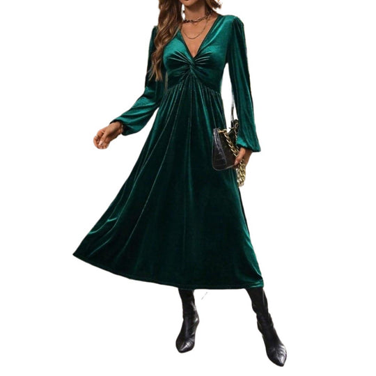 Damen Midikleid aus Samt mit gedrehtem Bustier und schwingendem Tellerrock Shop Nory