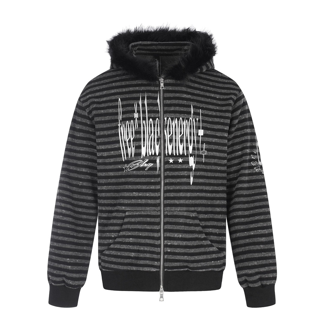 Unisex Kapuzenzipjacke mit Kunstfellbesatz, Streifenmuster und Frontprint Shop Nory