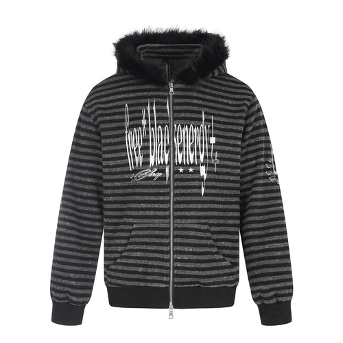 Unisex Kapuzenzipjacke mit Kunstfellbesatz, Streifenmuster und Frontprint Shop Nory