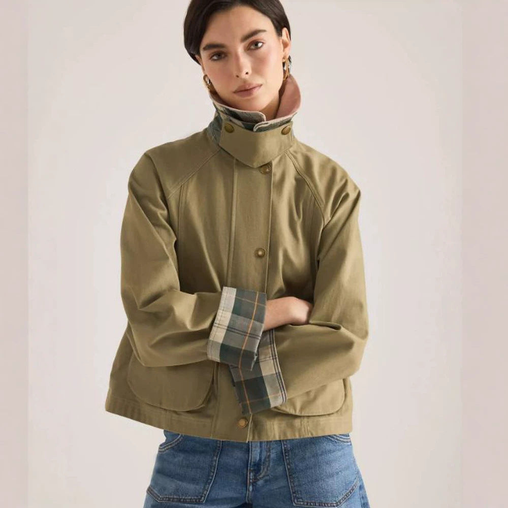 Damen Übergangsjacke mit Cordkragen, Karo-Innenmanschetten und aufgesetzten Taschen Shop Nory