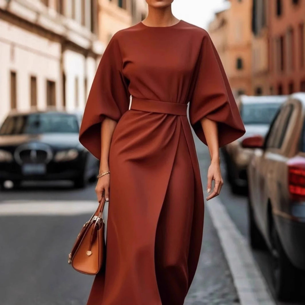 Damen Maxi-Kleid mit voluminösen Ärmeln und elegantem Drapierungsdesign