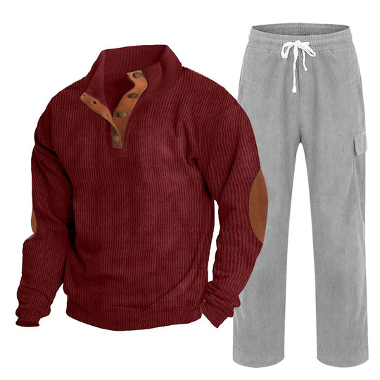Herren Gemütliches Freizeit-Set aus Waffelstrick-Henley mit Ellenbogenpatch und Relax-Cargo-Hose Shop Nory