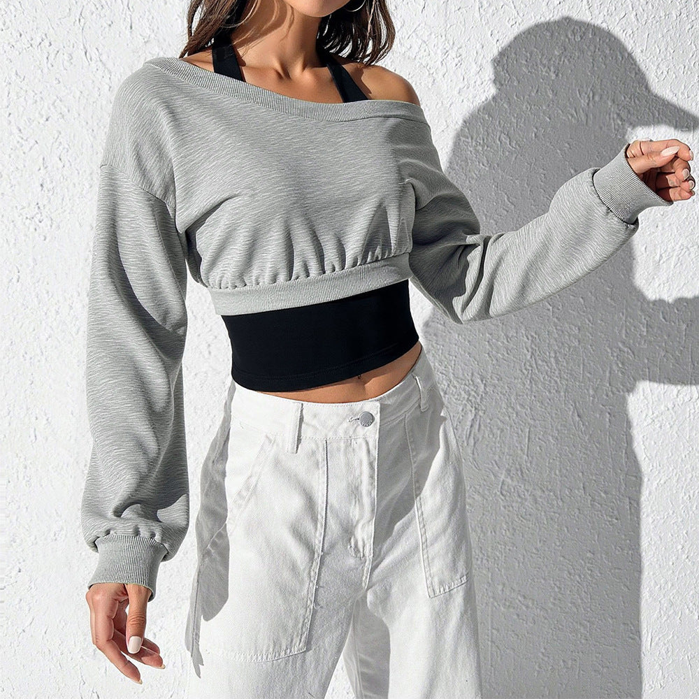 Damen cropped Sweatshirt mit weitem Carmen‑Ausschnitt, ballonärmeln und gerafftem Bund Shop Nory