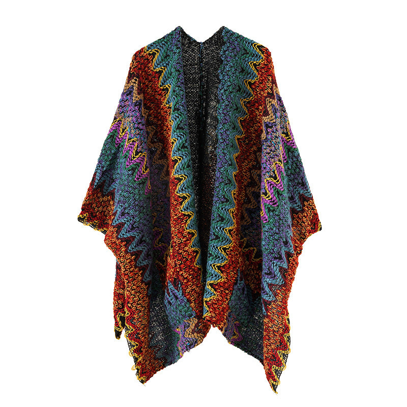 Damen Grobgestrickter Ethno-Ruana-Poncho mit Zickzack‑Jacquard und offenem Fall Shop Nory