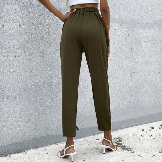Damen Paperbag-Hose mit Bindegürtel, lockerer Taillenbund und Knoten-Detail am Bein Shop Nory