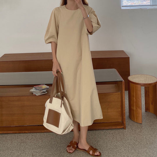 Damen Leichtes A-Linien Midikleid aus Baumwoll-Popeline mit ballonförmigen Ellenbogenärmeln Shop Nory