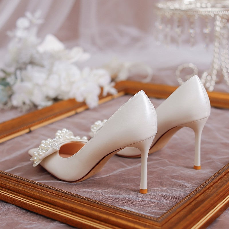 Damen Hochwertige Hochzeitspumps mit Perlenapplikation und raffiniertem Schleifendetail