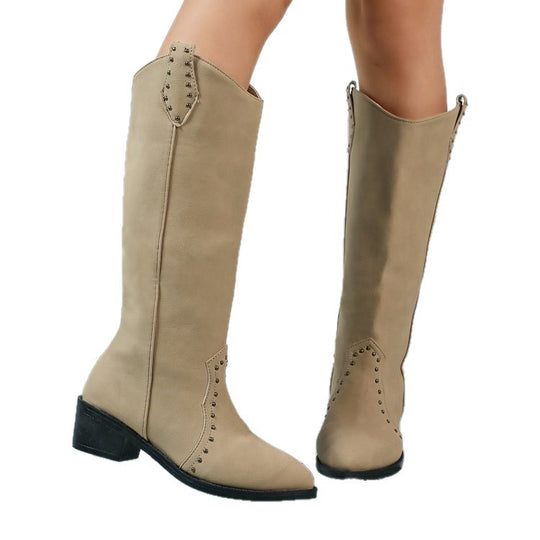 Damen kniehohe Veloursleder-Stiefel mit dekorativer Lochstanzung und mittlerem Blockabsatz Shop Nory