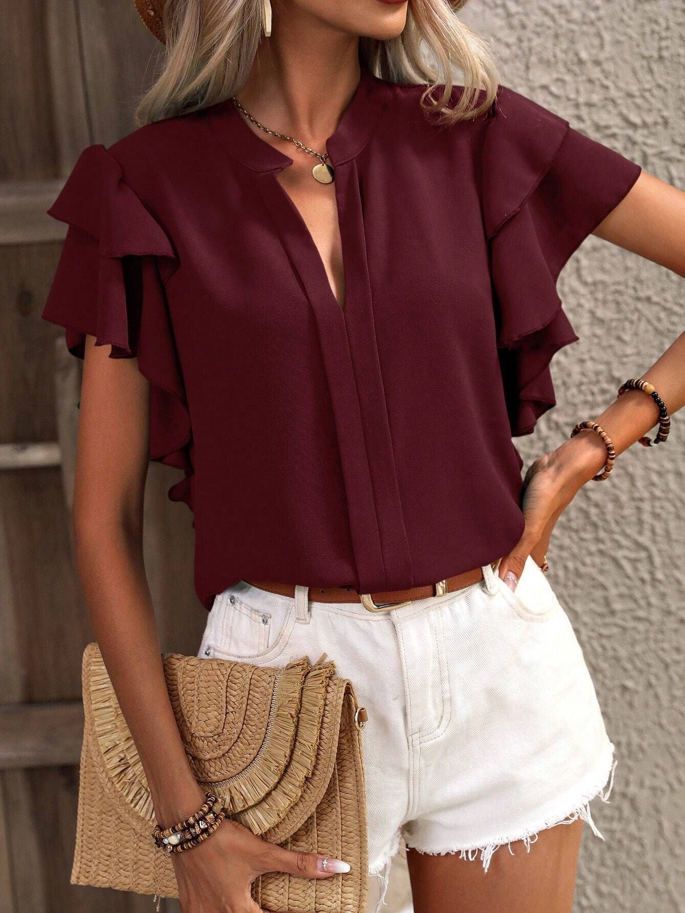 Damenbluse mit Rüschendetails und elegantem V-Ausschnitt