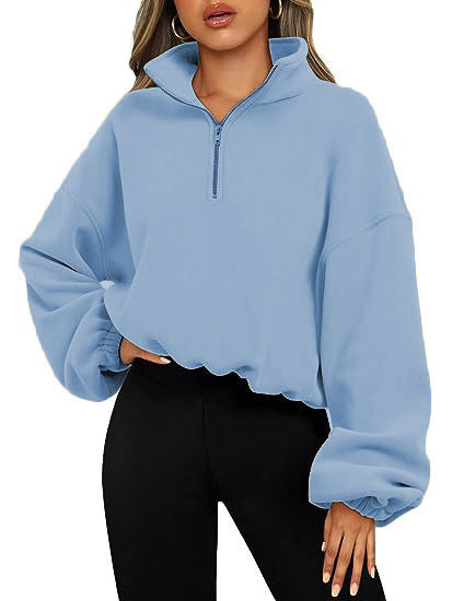 Damen nan kurz geschnittenes Halbzip-Sweatshirt mit hohem Stehkragen, Ballonärmeln und elastischem Saum Shop Nory