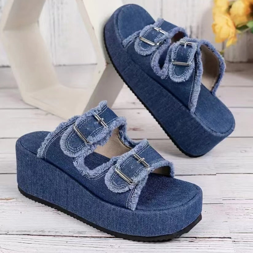 Damen bequeme Plattformsandalen aus Denim mit doppeltem Riemen