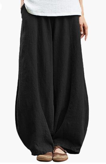 Damen weite Leinenhose mit elastischem Bund und praktischen Taschen