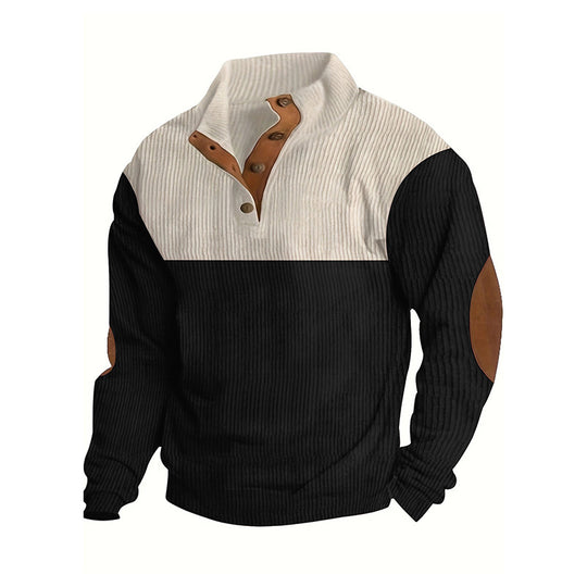 Herren Strukturierter Halbknopf-Pullover mit Stehkragen, Rippenstruktur und Ellenbogen-Patches Shop Nory