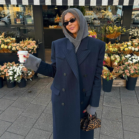 Damen Maximaler Oversize-Mantel im Nadelstreifen-Look mit doppelreihiger Knopfleiste und langen Silhouette Shop Nory