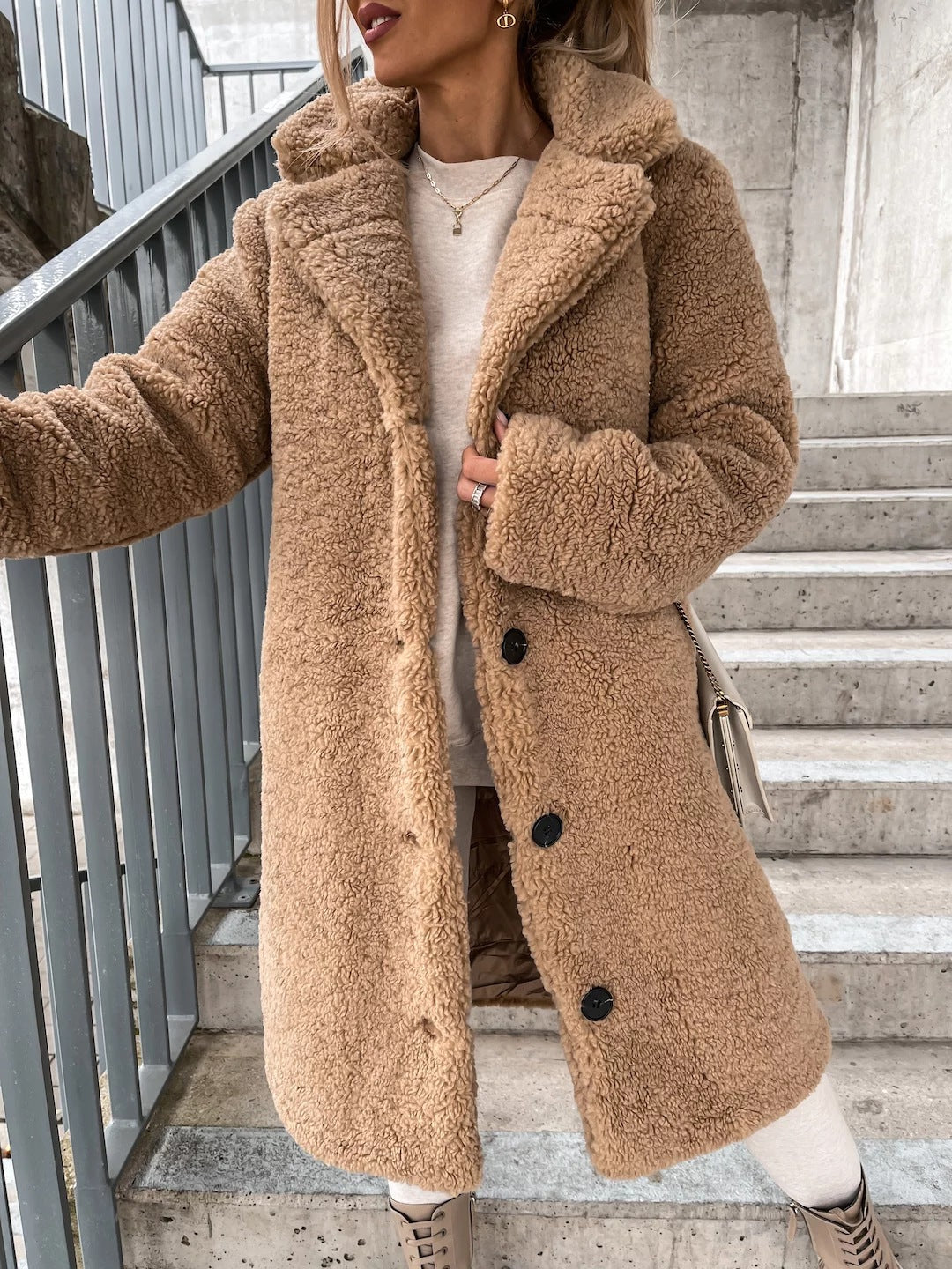 Damen Lange Teddy Faux-Shearling Knopf-Front Mantel mit Reverskragen Shop Nory