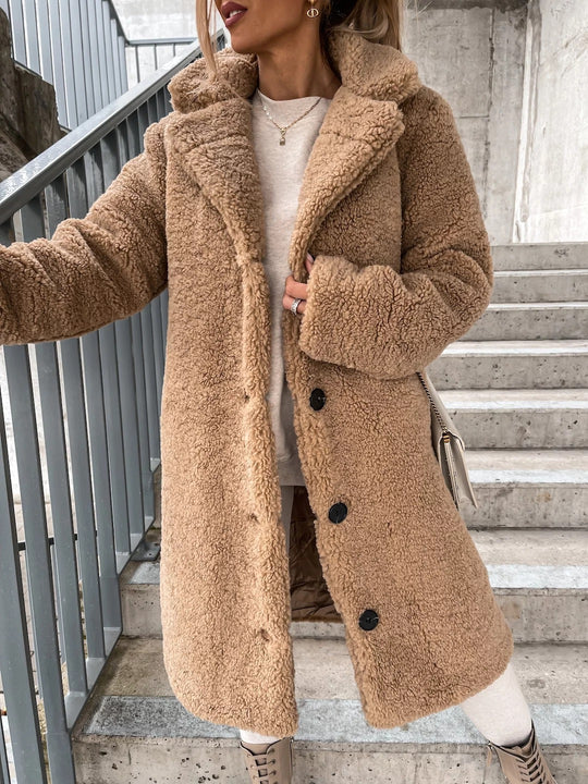 Damen Lange Teddy Faux-Shearling Knopf-Front Mantel mit Reverskragen Shop Nory