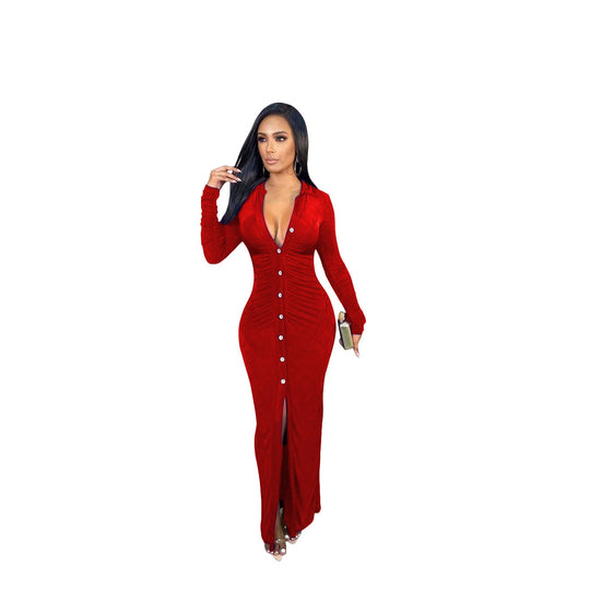 Damen Figurbetontes Maxikleid mit Knopfleiste, Raffung und tiefem V-Ausschnitt Shop Nory