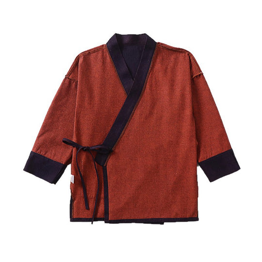 Unisex Leichte Wickel-Kimono-Jacke aus Leinen-Baumwollmix mit Kontrastbesatz und Bindegürtel Shop Nory