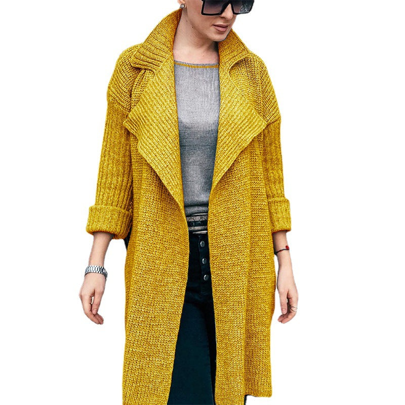 Damen Langer Offener Strickmantel mit Schalkragen und Umschlagärmeln Shop Nory