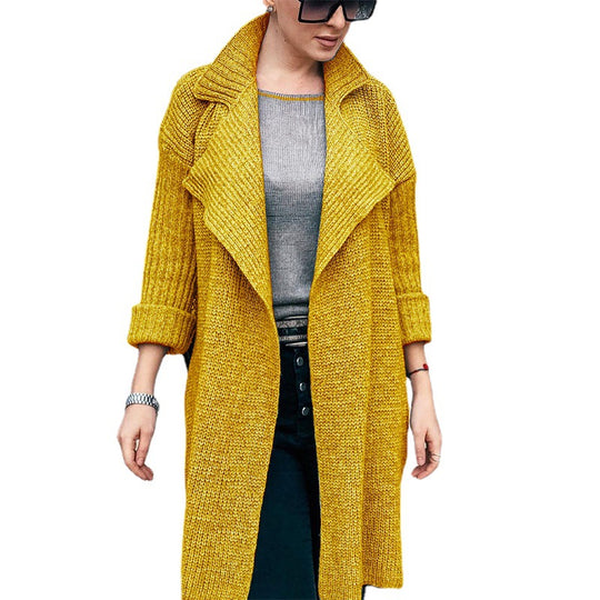 Damen Langer Offener Strickmantel mit Schalkragen und Umschlagärmeln Shop Nory