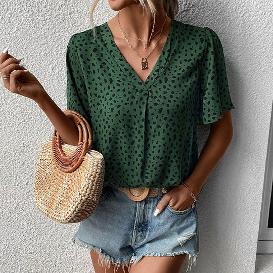 Damen V-Ausschnitt T-Shirt mit Leopardenmuster und fließendem Schnitt