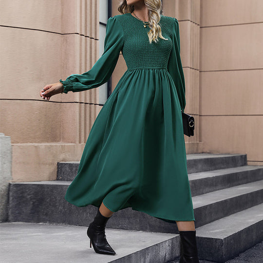Damen Midikleid mit Smokoberteil, langen Ballonärmeln und ausgestelltem Rock Shop Nory