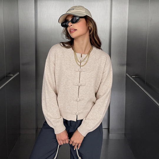 Damen Feinstrick-Cardigan mit dekorativem Knotenverschluss und legerer Raglan-Silhouette Shop Nory