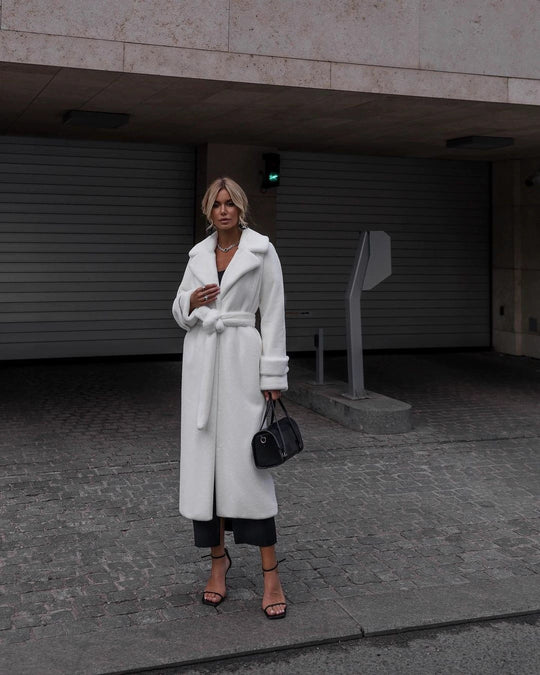 Damen Eleganter Maxi-Wollmantel mit Taillengürtel, breitem Revers und krempelbaren Manschetten Shop Nory
