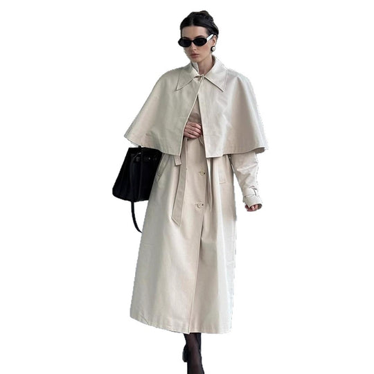 Damen Langer Taillierter Trenchcoat mit abnehmbarem Cape und Bindegürtel Shop Nory