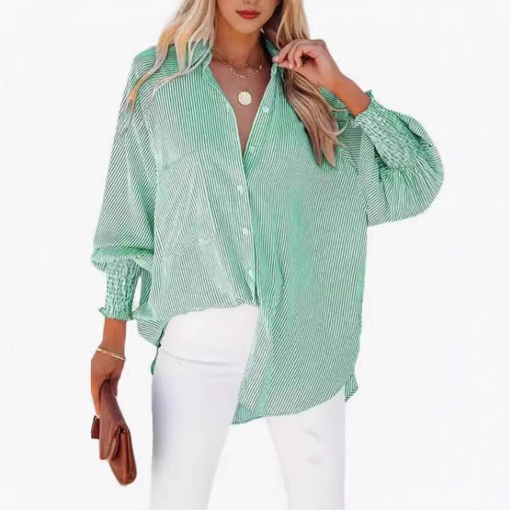 Damen legere Hemdbluse mit modischen Rüschenärmeln und Streifenmuster Shopnory