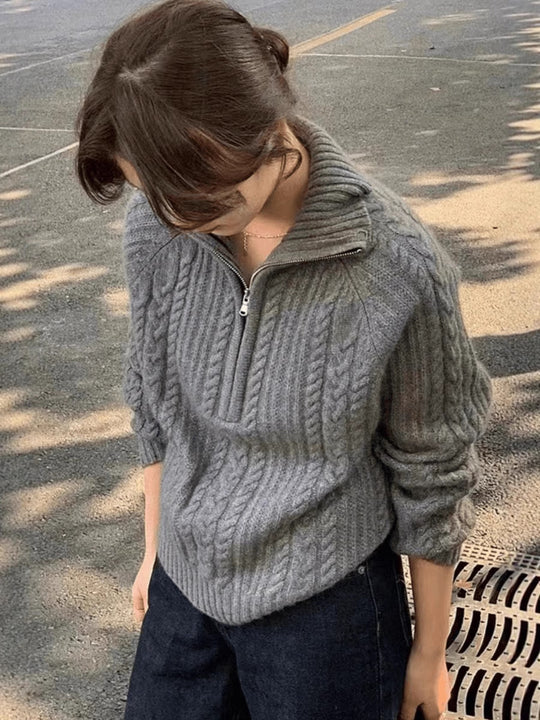 Damen Zopfstrick-Polokragenpullover mit Halbreißverschluss und weichem Mohair-Look Shop Nory
