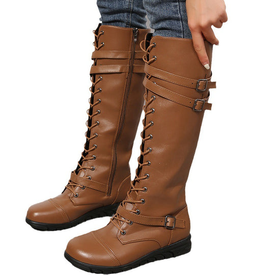 Damen Kniehohe Schnürstiefel im Military‑Look mit Doppelriemen und seitlichem Reißverschluss Shop Nory