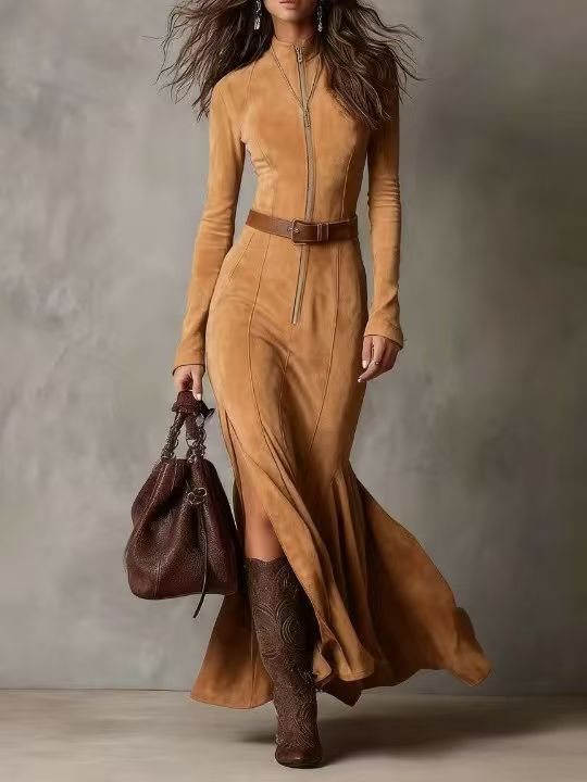 Damen Figurbetontes Midikleid aus Velourslederimitat mit Stehkragen und Zentralem Reißverschluss Shop Nory