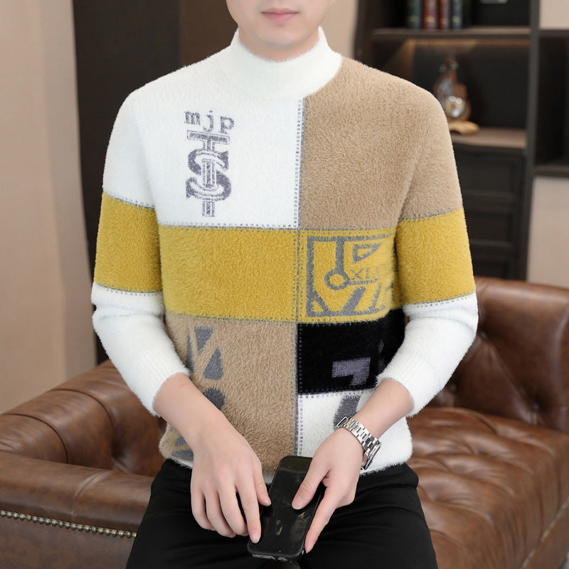 Herren Gemusterter Rollkragenpullover aus flauschigem Bouclé‑Mix mit Patch‑Intarsien Shop Nory