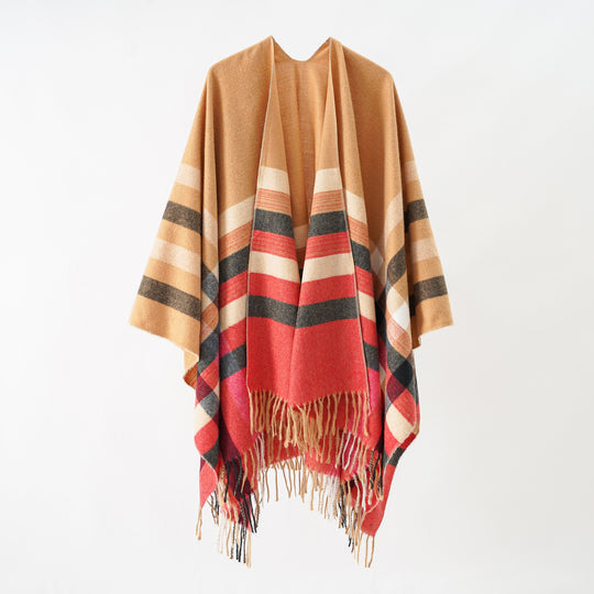 Damen Grobgewebte Cape‑Ruana im Oversize mit verlaufendem Karomuster und Fransensaum Shop Nory