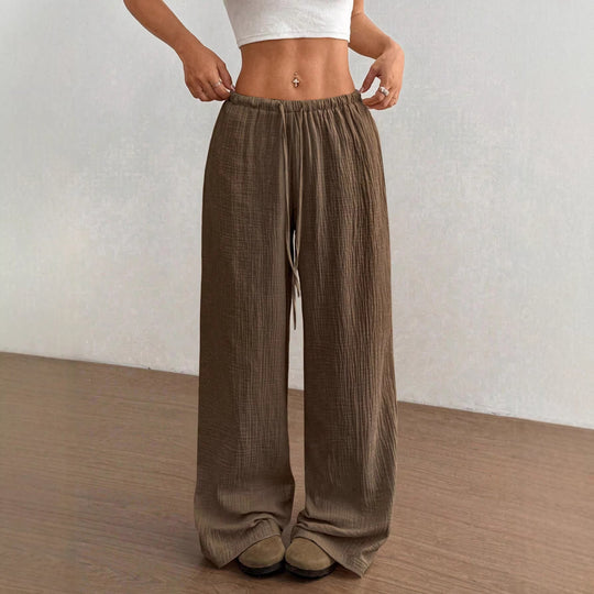 Damen Weite Baumwoll-Gauze-Hose mit hohem Bund, Gummizug und Kordelzug Shop Nory