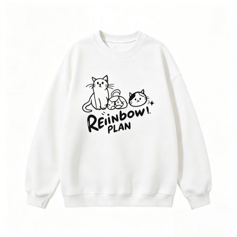 Unisex Oversize Baumwoll-Sweatshirt mit Katzenprint, Rundhalsausschnitt und Rippbündchen Shop Nory
