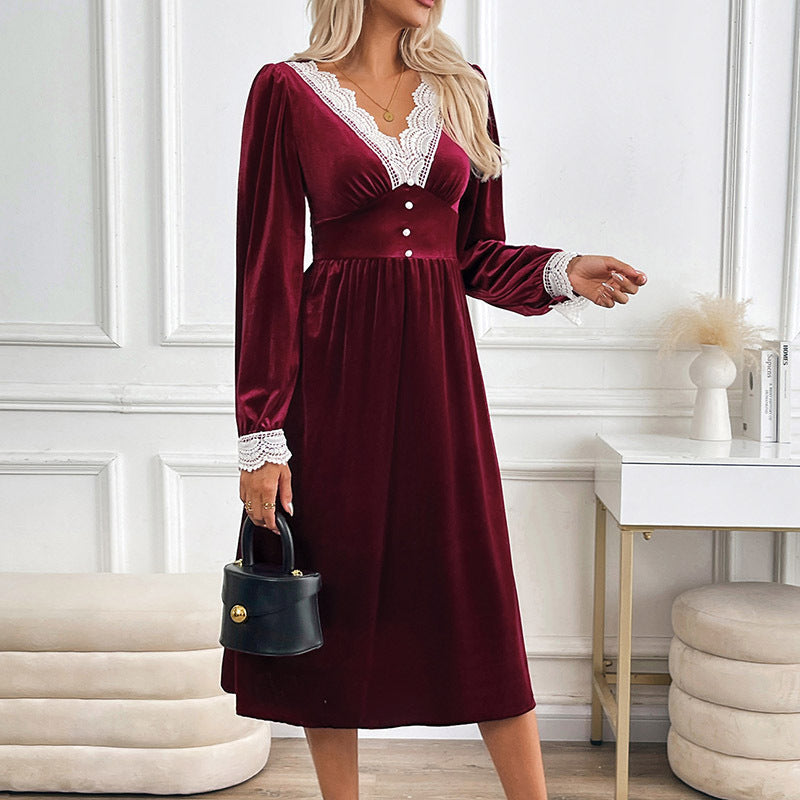 Damen Samt-Midikleid mit Spitzendekor, V Ausschnitt und taillierter Empire Silhouette Shop Nory