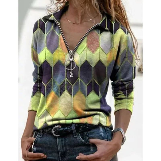 Damen Zip-Pullover mit Polokragen, grafischem Rautenprint und schmaler Passform Shop Nory
