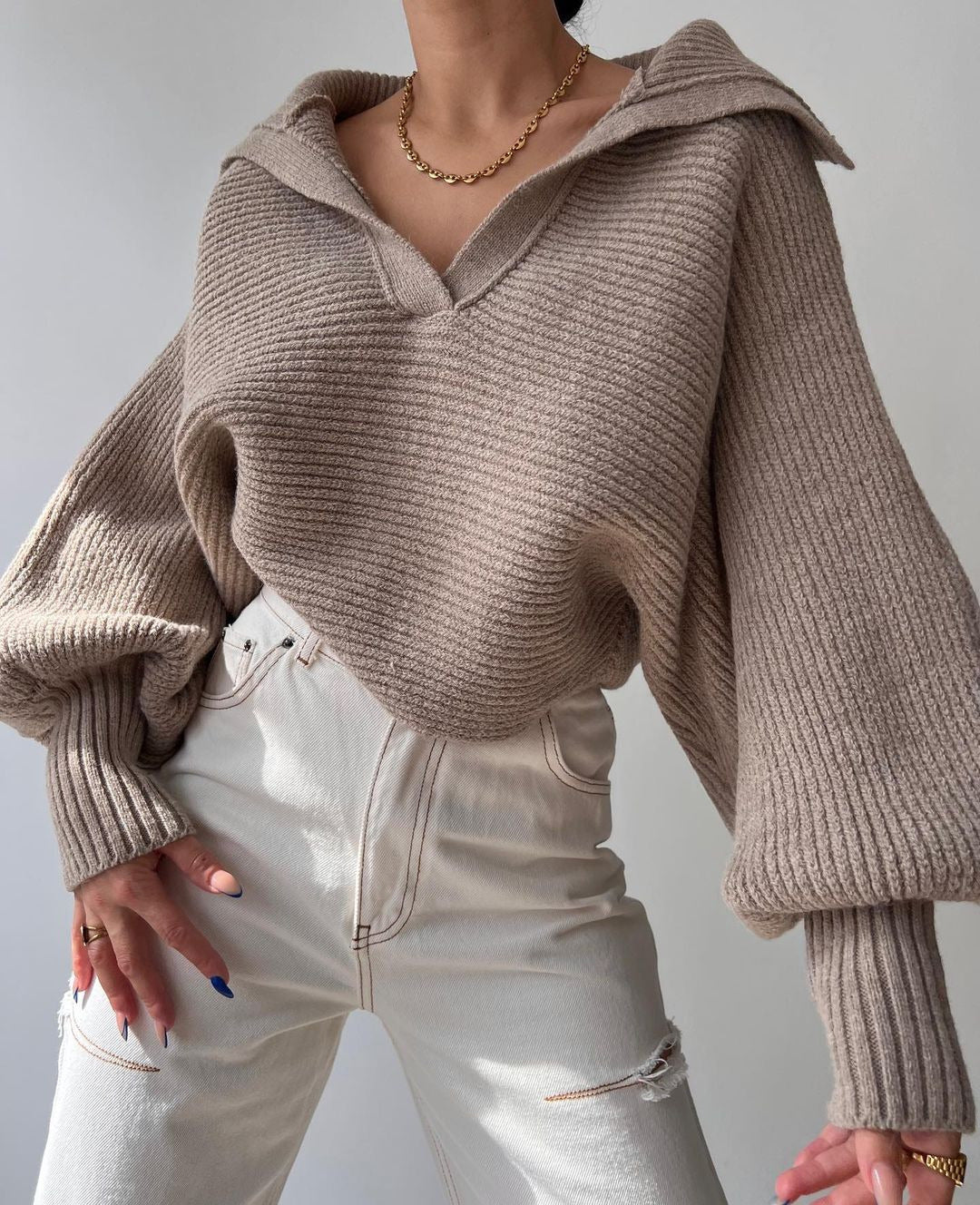 Damen Oversize Rippsweater mit Reverskragen und tiefem V‑Ausschnitt Shop Nory