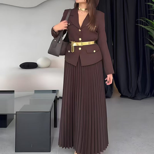 Damen Taillierter Blazer mit Gürtel und Plissierter Maxirock Set Shop Nory