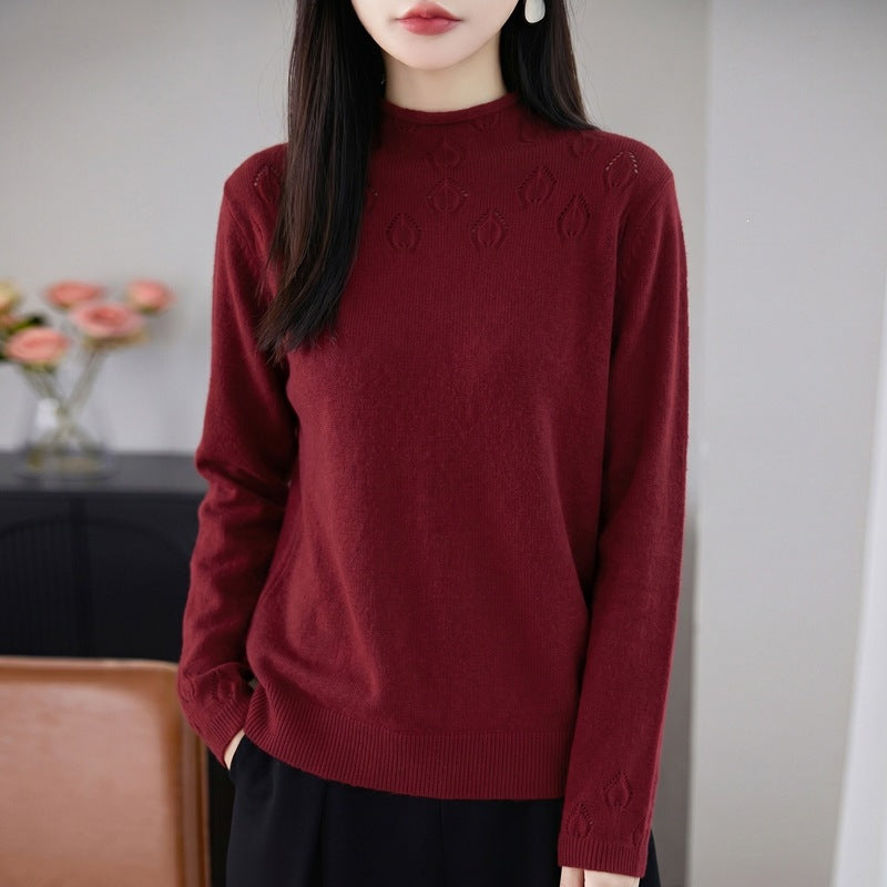 Damen Leichter Stehkragenpullover mit floralem Ajour‑Yoke und feiner Rippkante Shop Nory