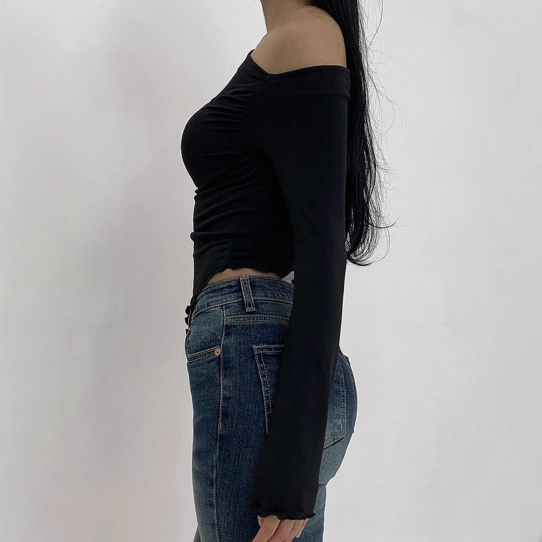 Damen Schulterfreies Figurbetontes Langarm-Cropped-Shirt mit Raffung und Wellensaum Shop Nory