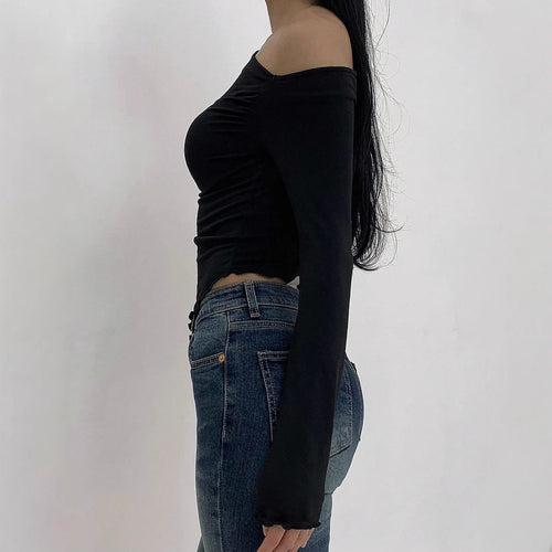Damen Schulterfreies Figurbetontes Langarm-Cropped-Shirt mit Raffung und Wellensaum Shop Nory