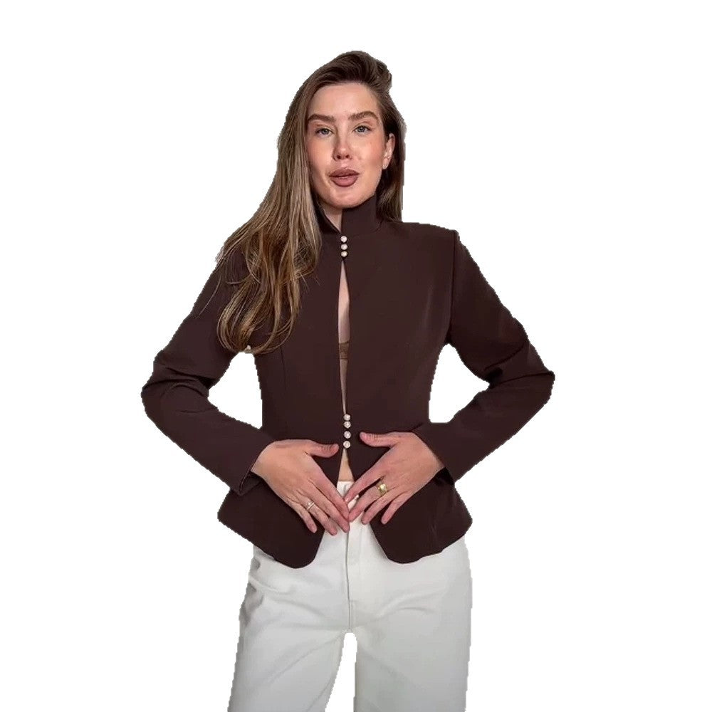 Damen Taillierter Blazer mit Stehkragen und Perlenknopf-Leiste Shop Nory