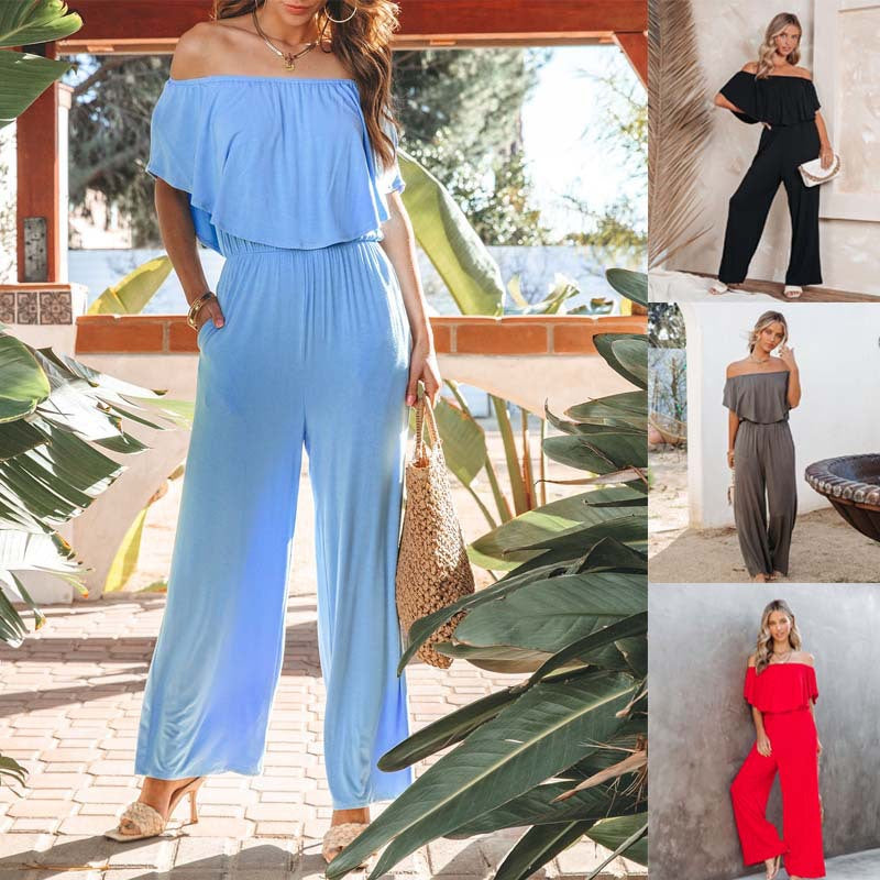 Damen Off-Shoulder Jumpsuit mit weitem Bein und elastischem Bund