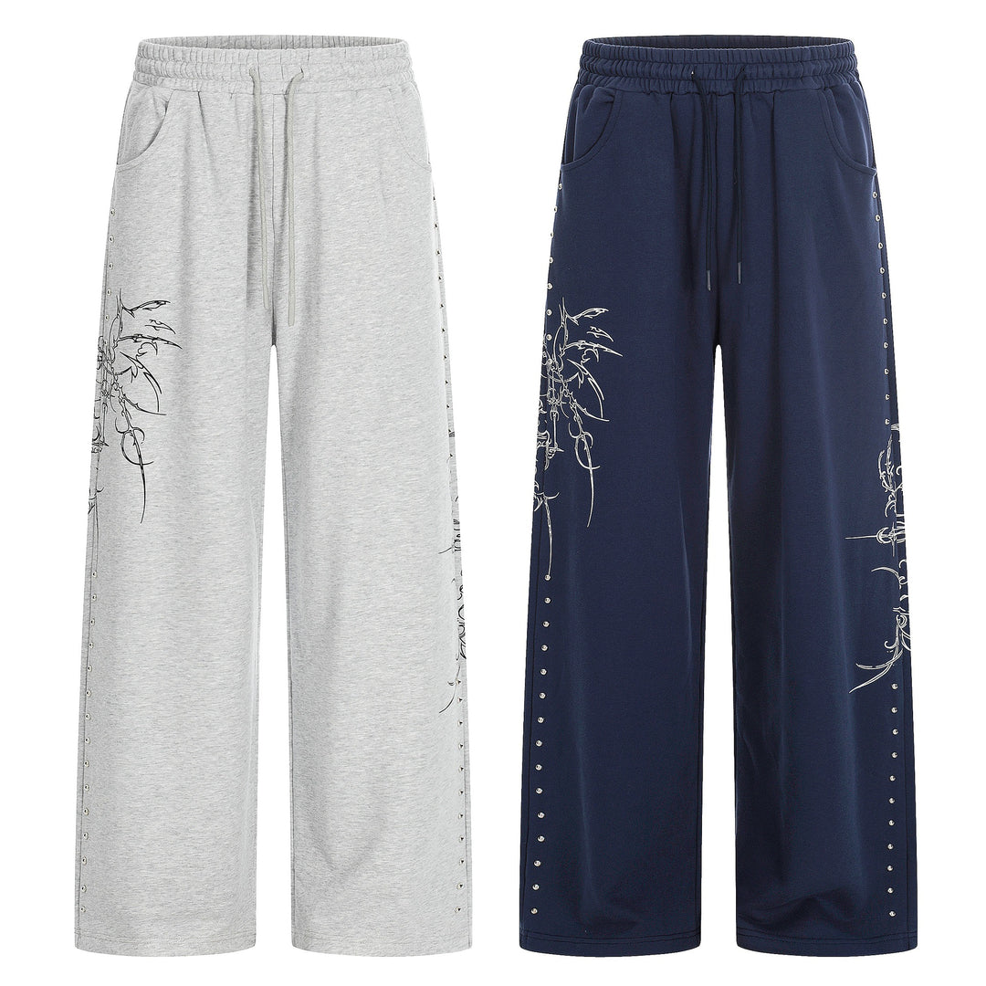 Damen Weite Sweatpants mit Tunnelzug, Ziernieten und grafischem Print Shop Nory