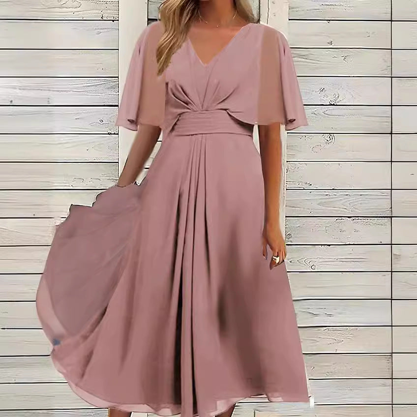 Damen elegantes Maxikleid mit fließenden Ärmeln und V-Ausschnitt Shopnory