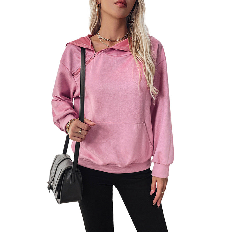 Damen Samt-Hoodie mit Reißverschluss am Kragen und Kängurutasche Shop Nory